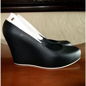 Melissa Black Block Wedges Peep Toe White Detail Pin-up Rockabilly Rubber Size 8